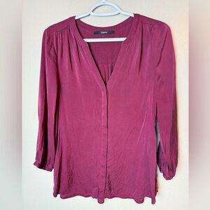 Quince Womens Silk Spandex Blouse Medium Burgundy Officewear V-Neck Pleated